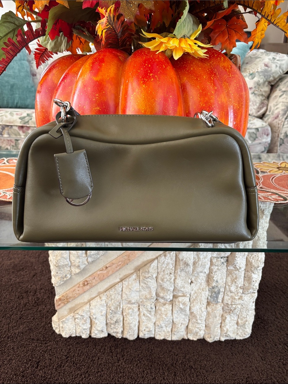 Michael Kors Olive Green Leather Shoulder Bag with Silver Hardware